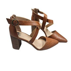 SM New York Brown Faux Leather Block Stacked Heel Ankle Strap Shoes Woven Buckle
